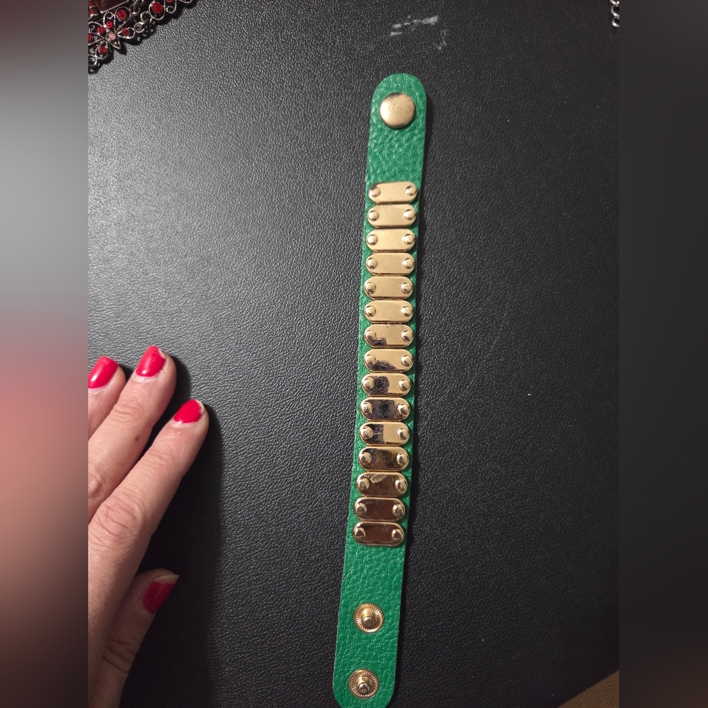 Natasha Green Leather Bracelet with Gold Accents